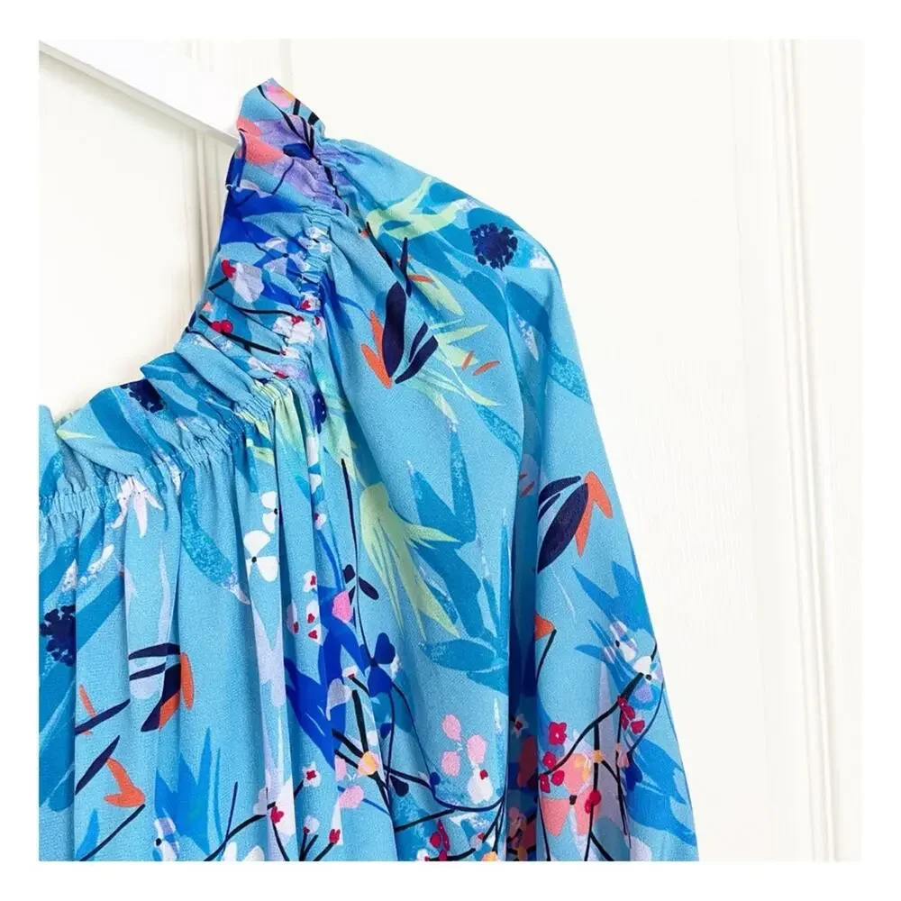 Saloni Grace Floral Blue Bell Off Shoulder Silk Dress Lined